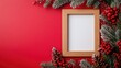 © NeuralNiche - Empty wooden picture frame mockup on a festive Christmas background ideal for winter holiday celebrations with space for text