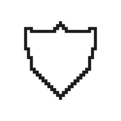 Poster - Shield Icon in Pixel Art. Pixelated Symbol of Defense and Safety in Digital Form. Isolated Vector Illustration