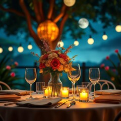 Romantic outdoor dinner setting, twilight atmosphere, candlelit table, string lights, autumn leaves centerpiece, wine glasses, rustic wooden table, bokeh background, warm glowing ambiance, intimate ga