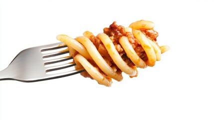 Aufkleber - Fork holding pasta with meat against a white background