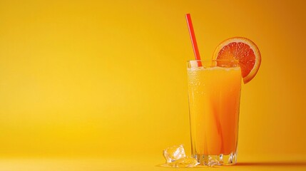 Poster - Summer Fresh With A Straw On A Bright Orange Background Alcoholic Drink Bar Space Copy Fresh Juice With Solid Color Background Natural Juice With Ice
