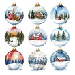 © Zara - a close-up Christmas bubble in watercolor style isolated on white, Christmas bulbs hand-made watercolor illustration. Xmas ball decoration. colorful Christmas bauble set, Christmas Snow glob