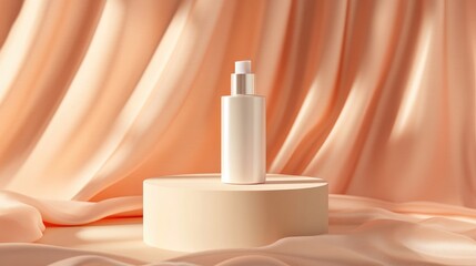 Poster - Elegant beauty product display on a silk draped podium against a trendy peach fuzz background Premium brand showcase mockup in a soft apricot aesthetic studio scene