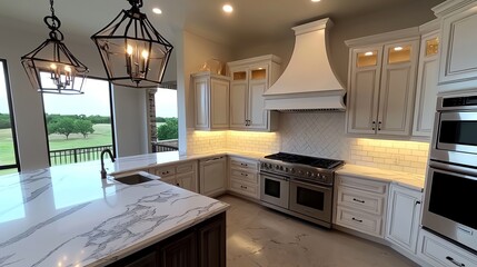 A modern kitchen featuring elegant cabinetry, marble countertops, stainless steel appliances, and large windows with a view of the outdoors.