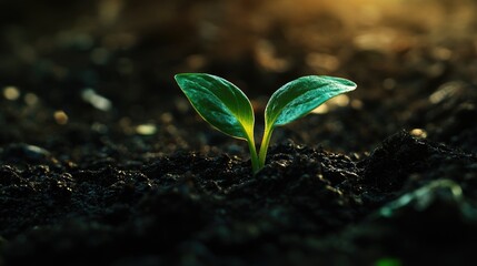 Poster - Green sprout emerging from dark soil illuminated by natural sunlight