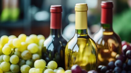 Poster - Red and white wine bottles alongside a cluster of grapes