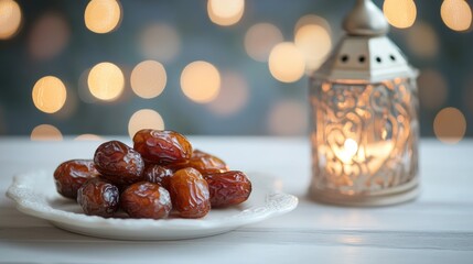 Aufkleber - Dried dates on a white plate accompanied by a lantern with a lit candle on a white wooden table featuring a bokeh light backdrop