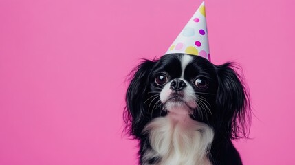 Japanese chin wearing a party hat on a pink backdrop