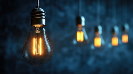 Poster - Hanging retro light bulbs decor against a dark blue cement backdrop featuring one bulb that stands out with a warm glow