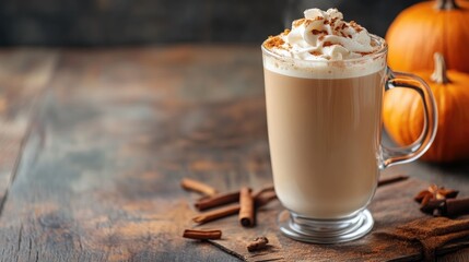 Aufkleber - Pumpkin spice latte served in a glass on a rustic table A cozy beverage perfect for the autumn or winter season