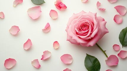 Poster - Elegant pink rose surrounded by scattered petals on a light background ideal for artistic floral compositions and product showcases
