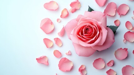 Poster - Elegant pink rose surrounded by scattered petals on a light background ideal for artistic floral compositions and product showcases