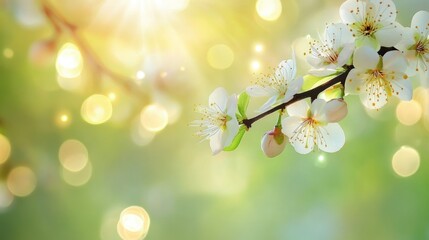 Aufkleber - Delicate blooming plum branch in spring against a vibrant green backdrop illuminated by sunlight showcasing soft focus and glimmering light
