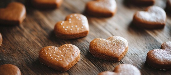 Poster - Homemade Craft Heart Shaped Gingerbread Cookies Are Laid Out On The Table