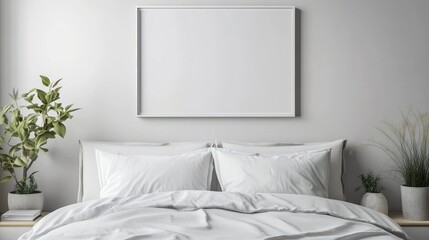 Aufkleber - Clean and minimal bedroom interior mockup featuring a blank poster frame above the headboard ideal for decoration inspiration