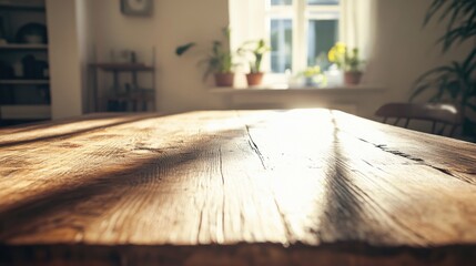 Poster - Rustic kitchen table bathed in autumn sunlight offering ample copy space