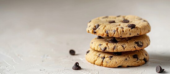 Poster - Stack Of Cookies With Dark Chocolate Chips On White Table Free Space For Input Text