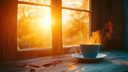Poster - Cozy Morning Coffee in Rustic Atmosphere Illuminated by Radiant Sunrise