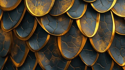 A detailed close-up of overlapping textured scales with a gold and dark color scheme.