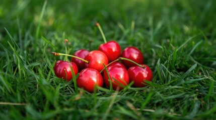 Aufkleber - Freshly harvested red cherries resting on vibrant green grass during the summer season