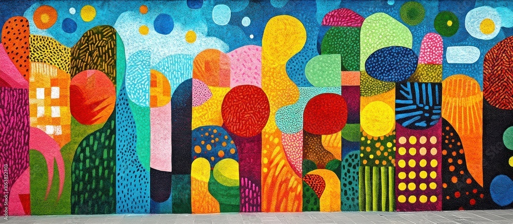 Abstract colorful mural on a building wall with various shapes and ...