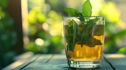 Aufkleber - Refreshing mint tea served outdoors with ample space for text