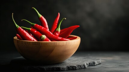 Poster - Vibrant red chili peppers in a wooden bowl set against a dark stone surface Spicy peppers on a black backdrop