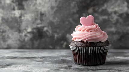 Poster - Romantic wedding greeting card featuring a delightful chocolate cupcake adorned with pink cream and a heart elegantly set against a gray stone background