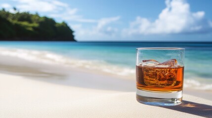 Aufkleber - A glass of rum set against a scenic beach backdrop