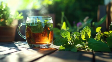 Aufkleber - Refreshing mint tea served outdoors with ample space for text