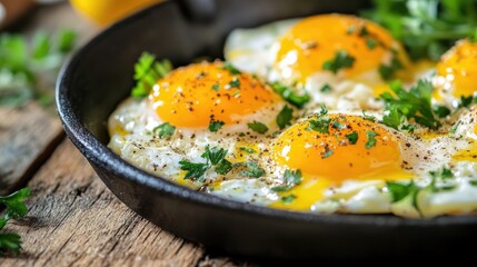 Poster - Breakfast eggs garnished with fresh herbs captured in a macro shot on a rustic wooden table