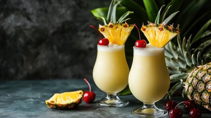 Poster - Pina colada cocktails adorned with pineapple slices and cherries