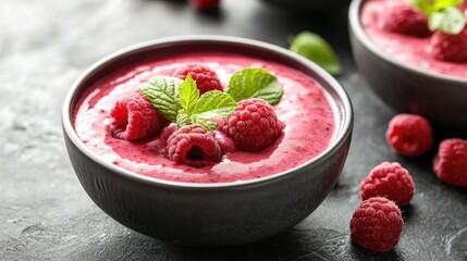 Poster - Berry smoothie with fresh raspberries served in a bowl