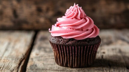 Poster - Delicious chocolate cupcake topped with pink frosting on a rustic wooden surface Ideal for greeting cards celebrating love or special occasions Dark toned image with ample copy space