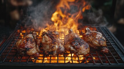 Poster - Grilled chicken on a rack with flames and smoke rising