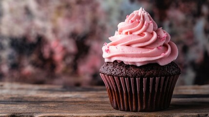 Poster - Delicious chocolate cupcake topped with pink frosting on a rustic wooden surface Ideal for greeting cards celebrating love or special occasions Dark toned image with ample copy space