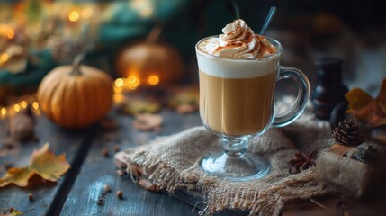 Aufkleber - Pumpkin spice latte served in a glass on a rustic table A cozy beverage perfect for the autumn or winter season