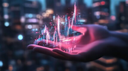 Poster - A hand holds a digital graph, symbolizing data analysis and financial growth in a cityscape.