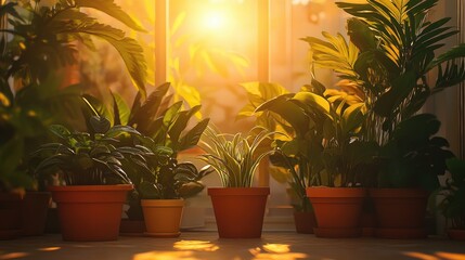 Aufkleber - Potted plants illuminated by warm sunset glow
