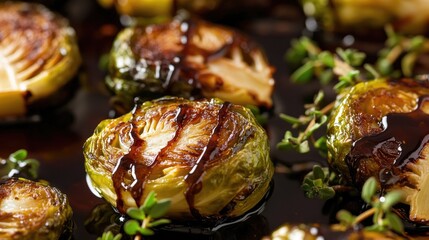 Poster - Close up of roasted Brussels sprouts drizzled with balsamic glaze and garnished with fresh thyme