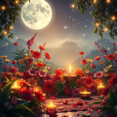 Magical night garden, full moon, glowing lanterns, vibrant red flowers, floating candles, starry sky, fantasy atmosphere, ethereal lighting, dreamy landscape, reflective water, pine branches, fairy li