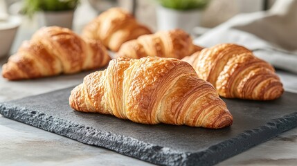 Poster - Close up of freshly baked croissants on a stone serving board showcasing the essence of pastry delights for breakfast