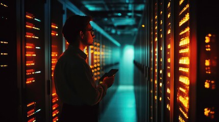 Poster - A person stands in a server room, checking a phone amidst glowing server lights.
