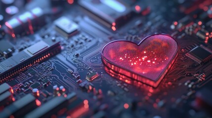 Poster - Computer featuring a heart shaped CPU chip set against a blurred background with ample copy space