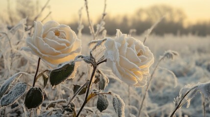 Poster - Frosted white roses in a chilly landscape