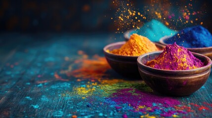 Aufkleber - Vibrant bowls filled with colored powder creating splashes celebrating the joyful spirit of a festival with ample space for text