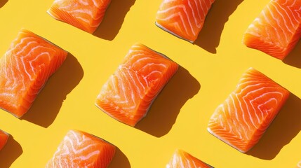 Aufkleber - Vibrant salmon fillets on a yellow backdrop highlighting fresh fish digital artwork bright colors and intricate details