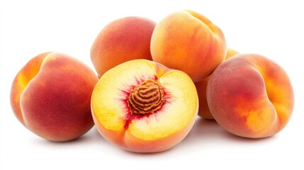 Aufkleber - Fresh organic peaches on a clean white background showcasing different varieties