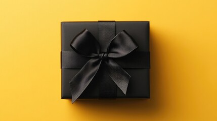 Aufkleber - Black gift box adorned with a textured bow set against a vibrant yellow background suitable for various celebrations and card gifts