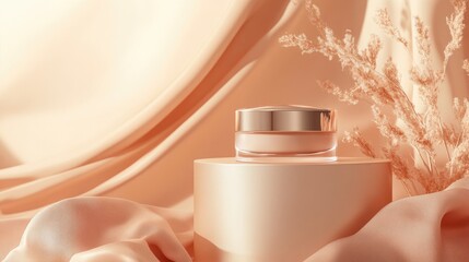 Poster - Elegant beauty product display on a silk draped podium against a trendy peach fuzz background Premium brand showcase mockup in a soft apricot aesthetic studio scene